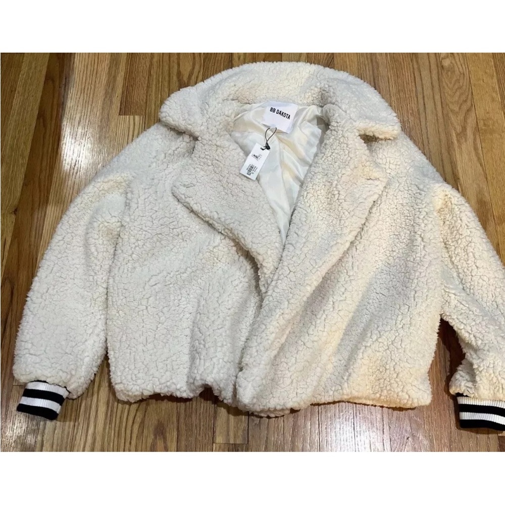 NWT BB Dakota Women's Ivory Open-Front Sherpa 'Fleece & Love' Coat Jacket Size L